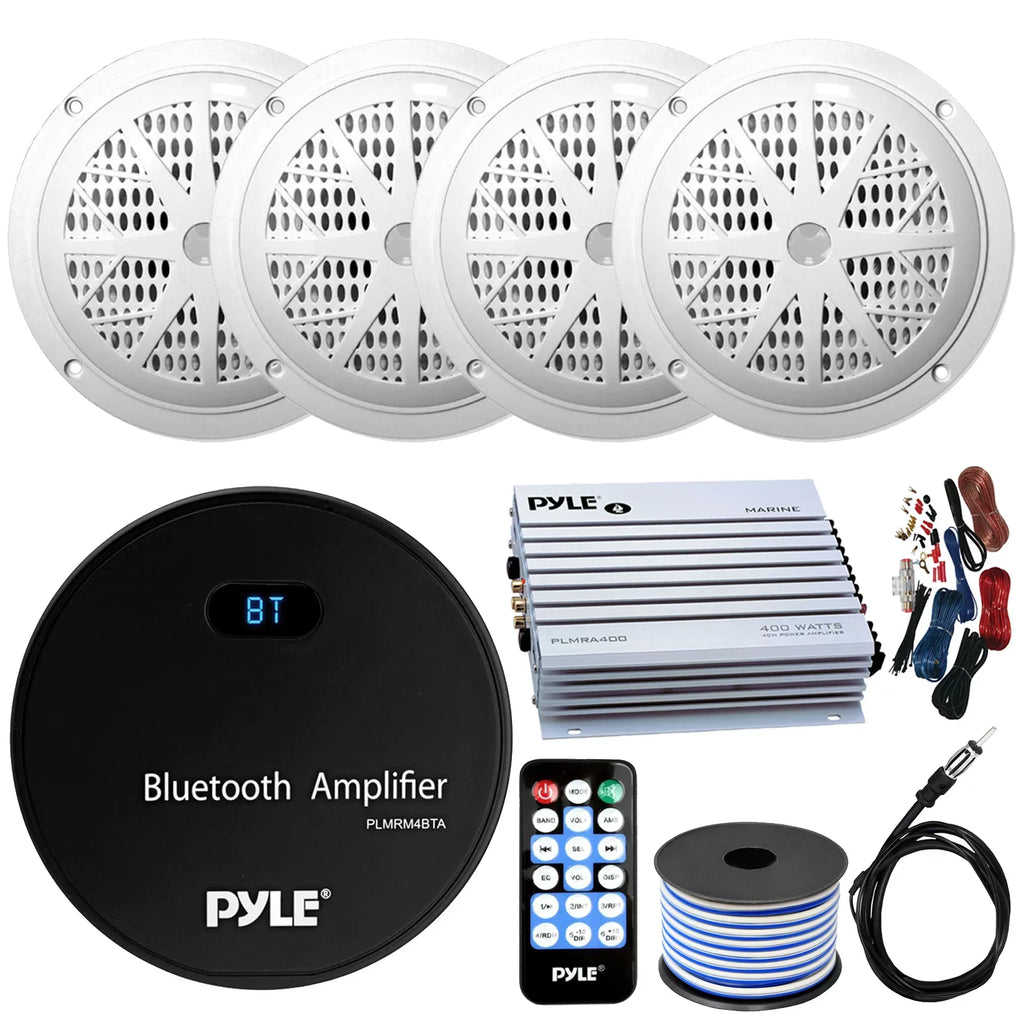 Radio 120W Style USB Kit, Audio Bundle Speaker Antenna x Gauge Boat 4 w/ White AUX Bundle: Bluetooth 4-Channel 6.5'' Amp Pyle Wiring Speakers, Wire, 21-29' Receiver Marine Marine Combo Pontoon with