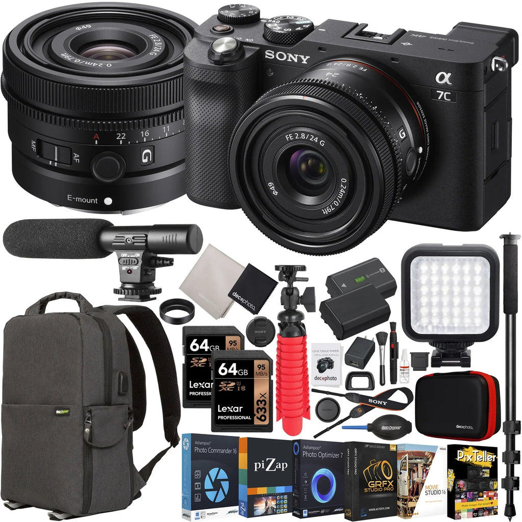 Case G ILCE7C/B SEL24F28G and F2.8 Black Backpack FE Full Sony + a7C Monopod Lens LED Photography Gear Sony with Microphone Mirrorless Camera Accessories Compact with + Body Frame Bundle + Deco 24mm