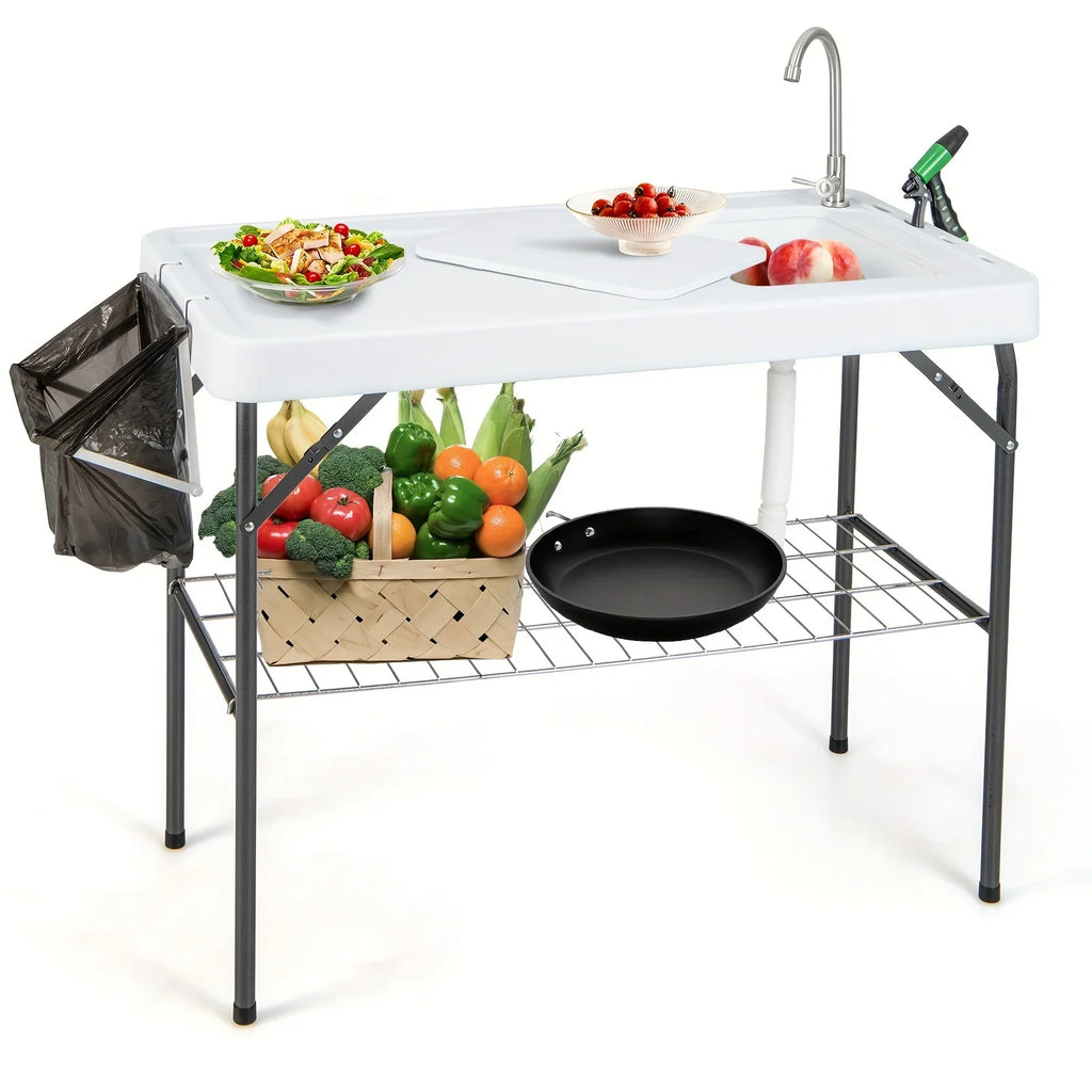 Table, W/ Folding Camping Cleaning Table Portable Rack Hose Fish Grid Faucet