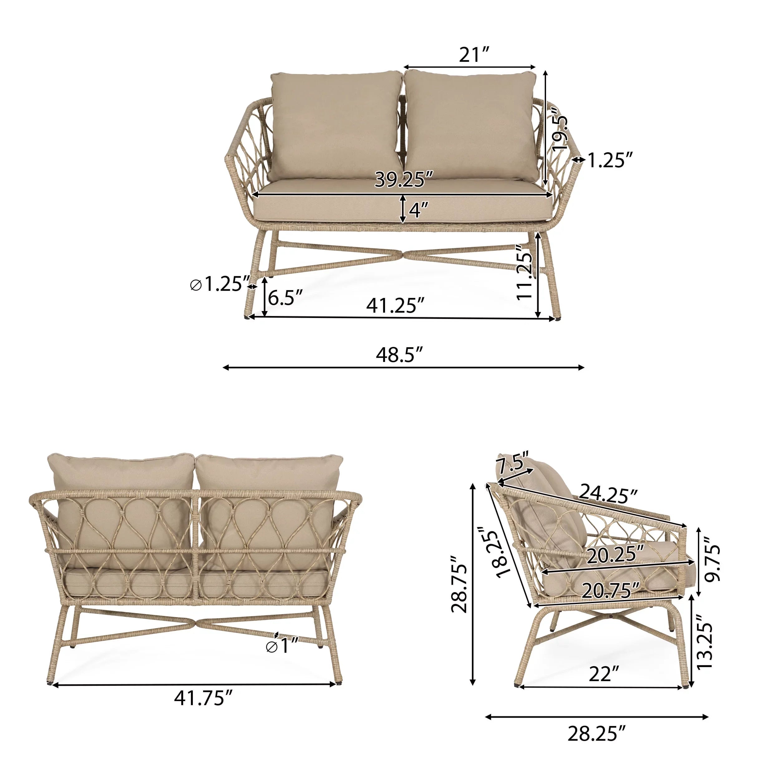 Outdoor Brown and 4 Light Wicker Cushions, Set with Beige Seater Montserrat Chat
