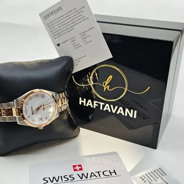 Face Gold -100M - Lady Swiss Waterproof Marble Stainless Haftavani With Steel Watch – Bicolour Diamond Quartz Made Silver-Rose Queen Diamonds - Genuine