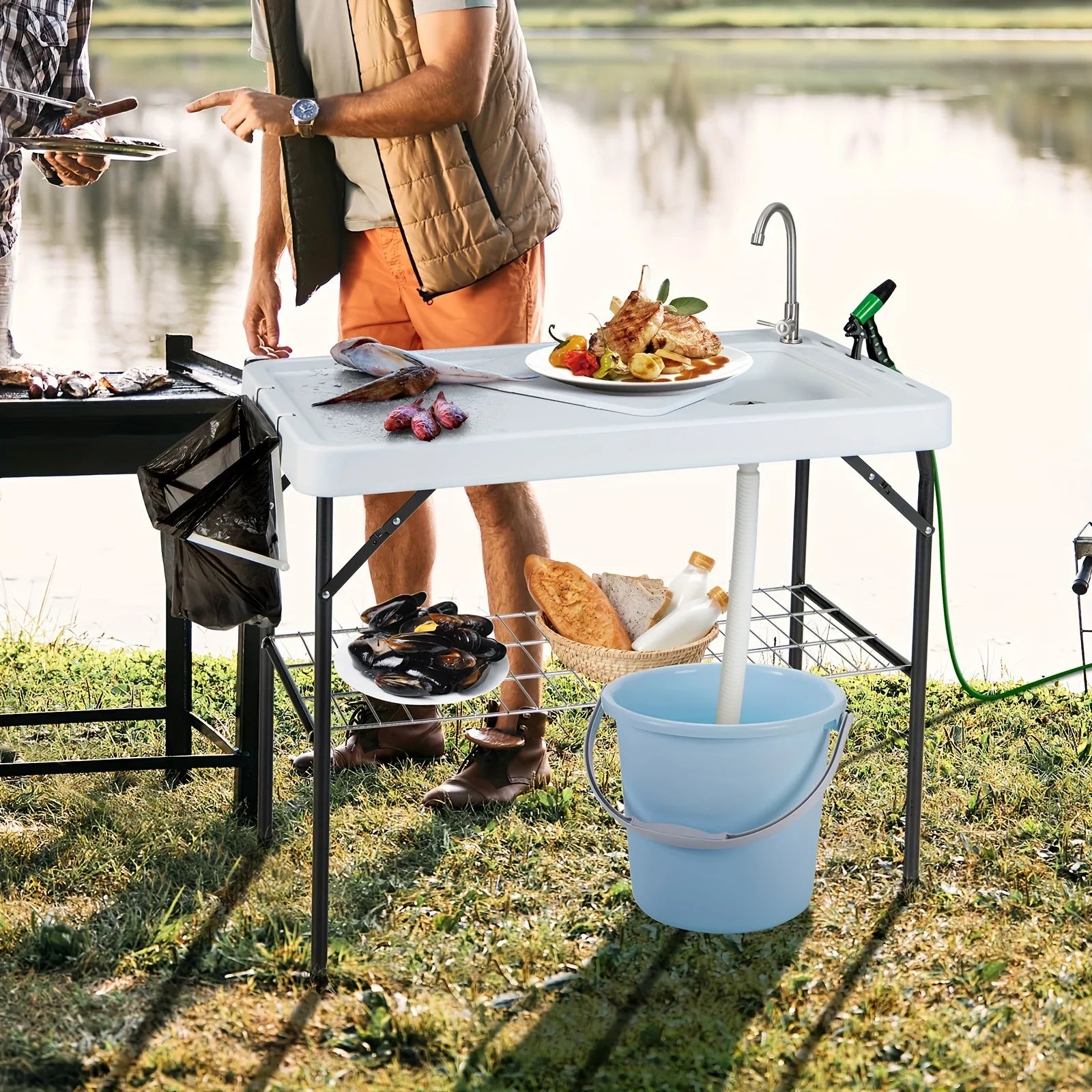 Table, W/ Folding Camping Cleaning Table Portable Rack Hose Fish Grid Faucet