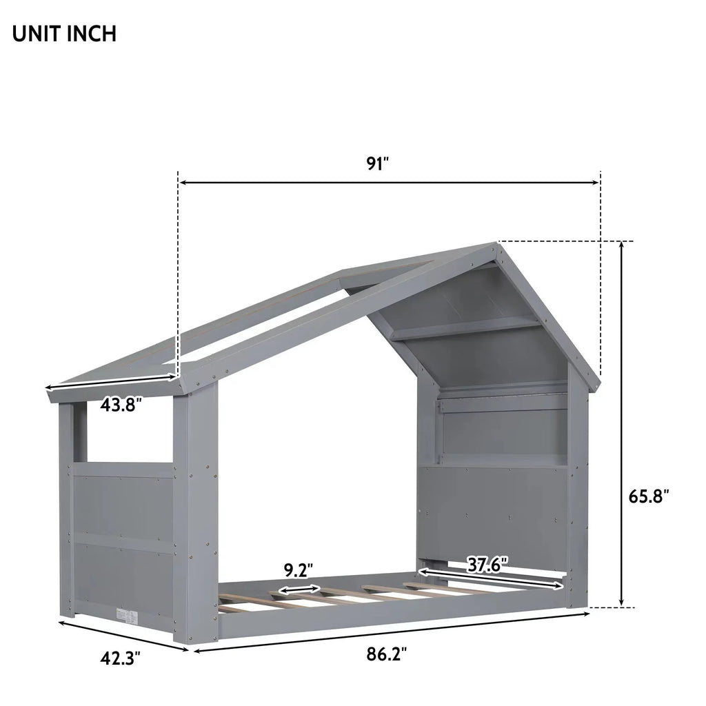 Light,Gray Window, with Twin LED House Bed Roof Floor