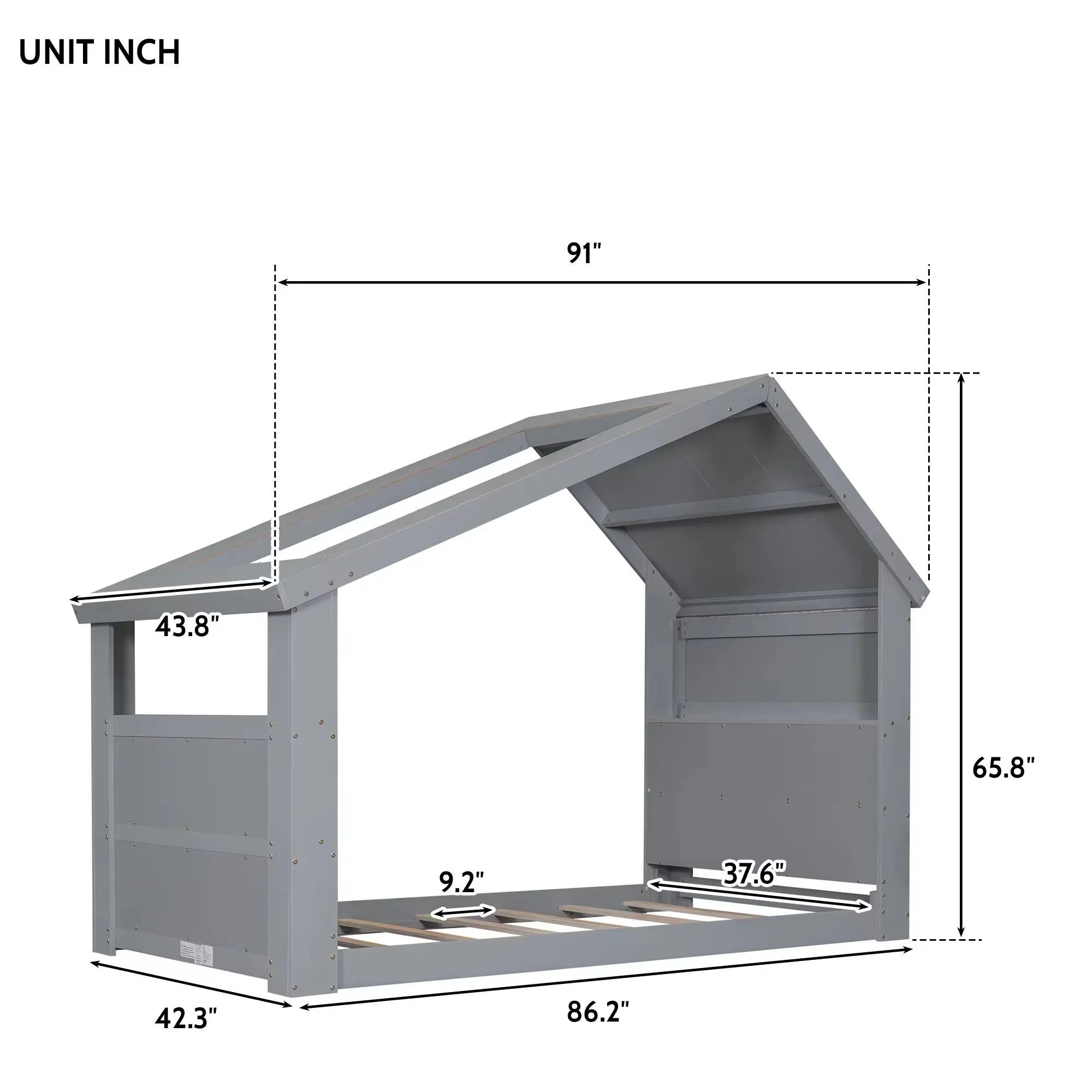 Light,Gray Window, with Twin LED House Bed Roof Floor