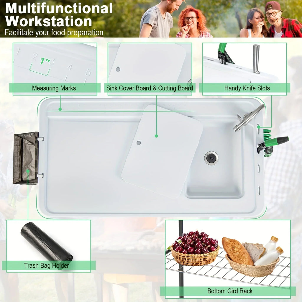 Table, W/ Folding Camping Cleaning Table Portable Rack Hose Fish Grid Faucet
