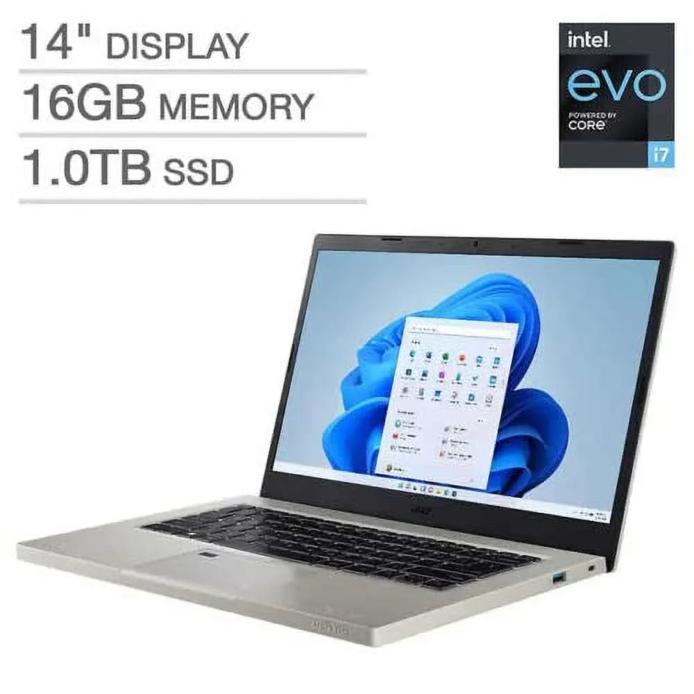 16GB LED-Backlit Vero FHD Core SSD, i7-1255U Finger Gray Keyboard, Laptop, EVO Accessories Backlit 1.70GHz, 1TB acer Windows + Home, Reader, Intel Print Bluetooth, 11 1080p RAM Webcam, 14" Aspire