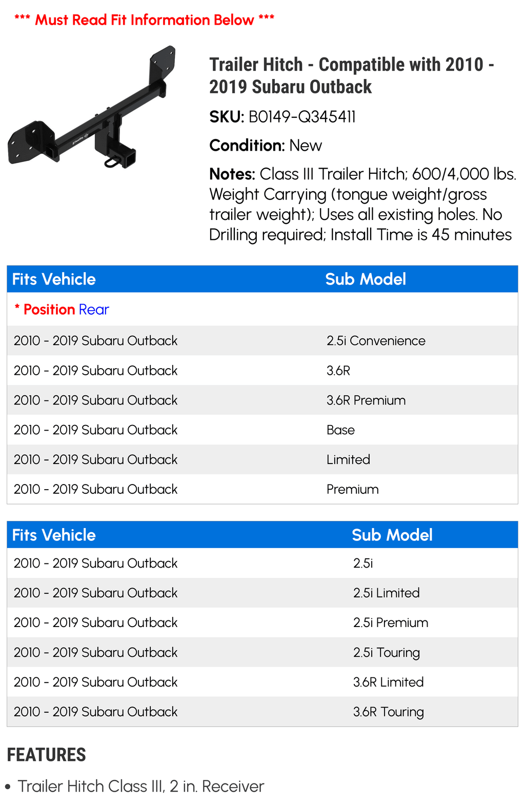 Hitch 2019 2012 - 2015 Trailer with 2010 2016 Compatible Outback 2017 - 2014 2018 Subaru 2013 2011