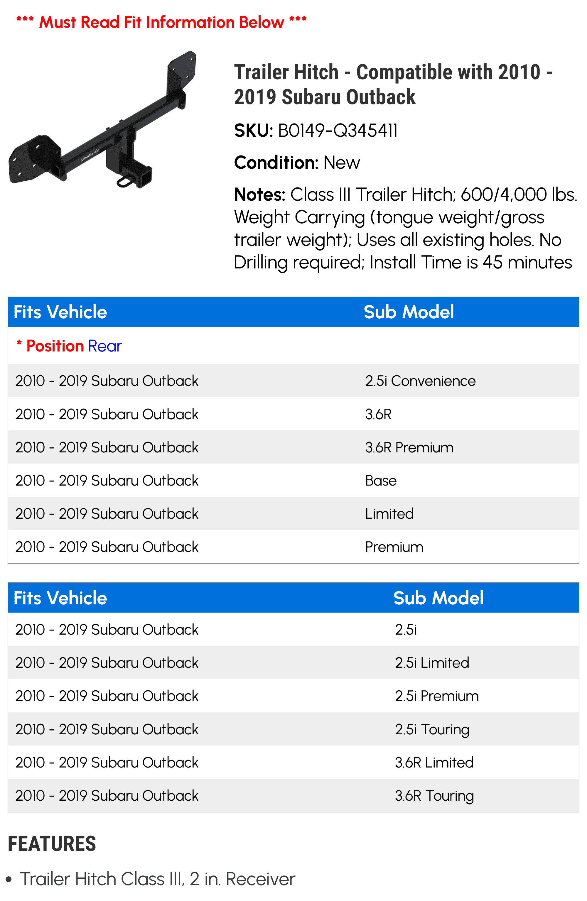 Hitch 2019 2012 - 2015 Trailer with 2010 2016 Compatible Outback 2017 - 2014 2018 Subaru 2013 2011