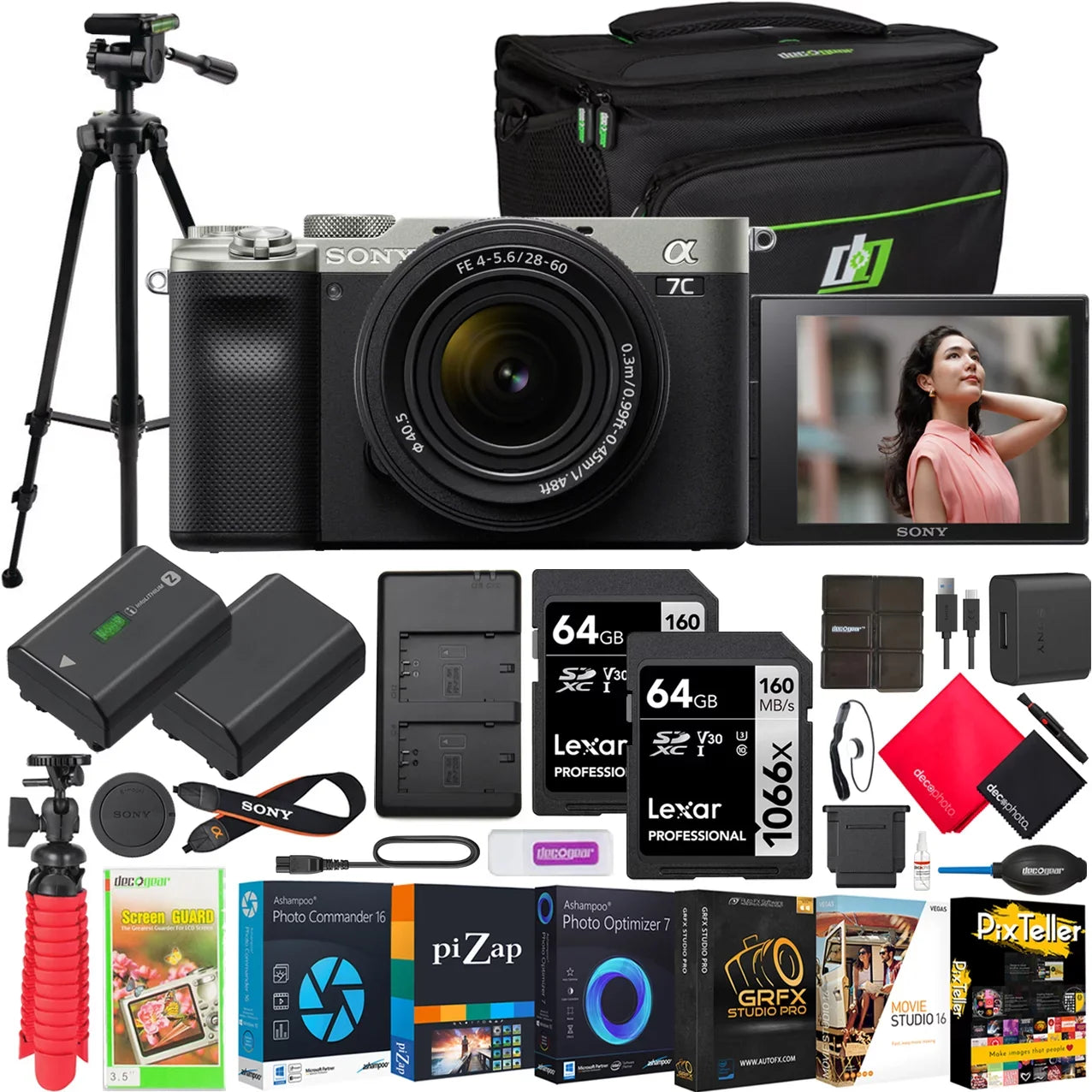 F4-5.6 Frame Mirrorless Photography Dual Software with Battery, + Gear Lens Kit Full 28-60mm Silver + Sony a7C Body ILCE7CL/S Charger, Bundle Extra with Accessories and Camera Deco Case Tripod