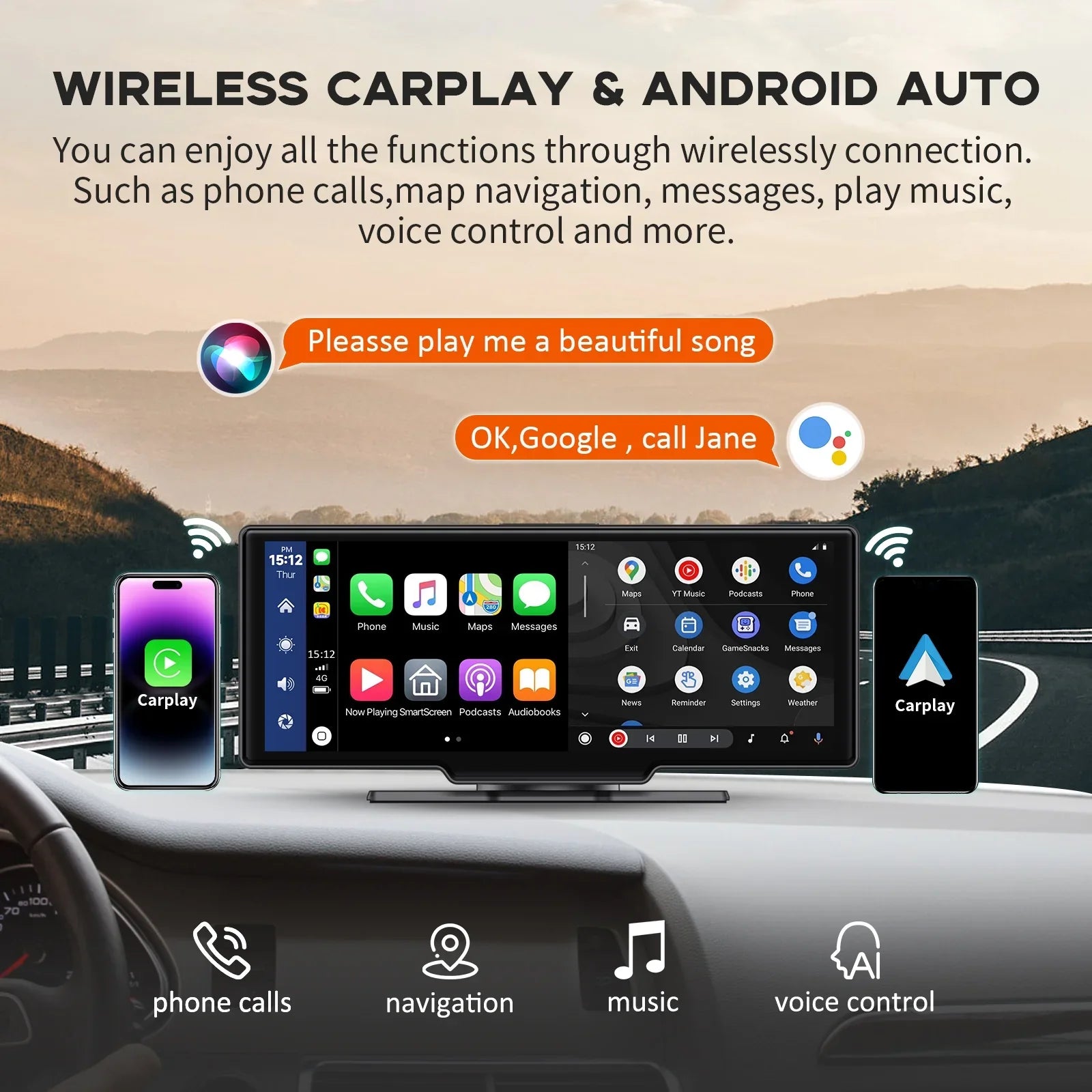 Play Touch Carplay Wireless Apple Screen Adapter Herilary Cam, Car Screen 2.5K with 10.26" Car Carplay Wireless Auto Android Mirror Dash Link/Siri/Wifi/Bluetooth/Double Din Stereo