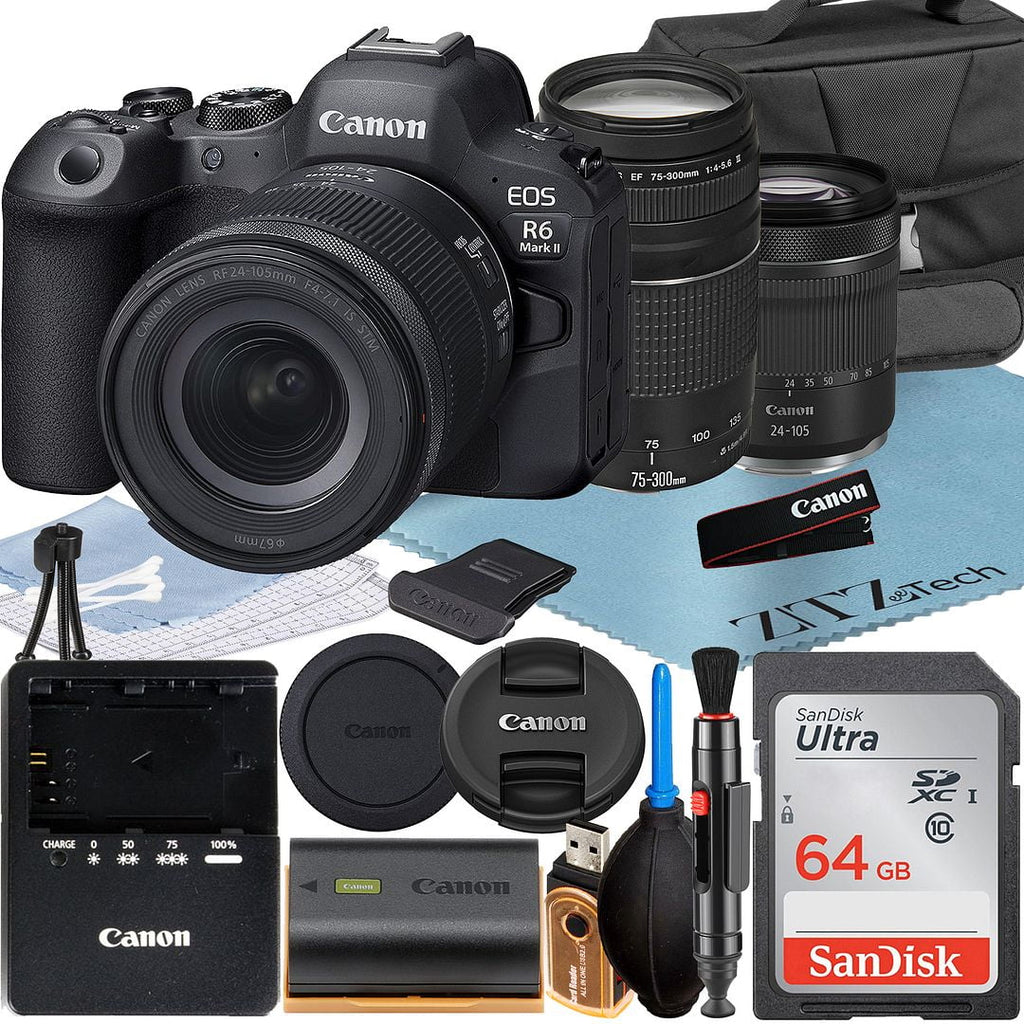Card + II + Mirrorless Mark 24-105mm ZeeTech SanDisk + RF 75-300mm Canon Lens Bundle EF Accessory + LED Camera R6 with 64GB Flash EOS Memory + Case