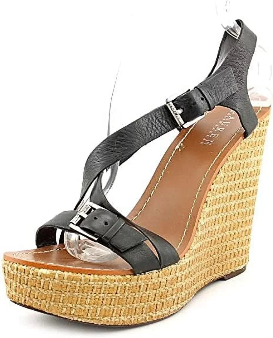 Size Lauren Ralph Black Lauren Wedge Sandals 9 New Leather Womens Dover Shoes