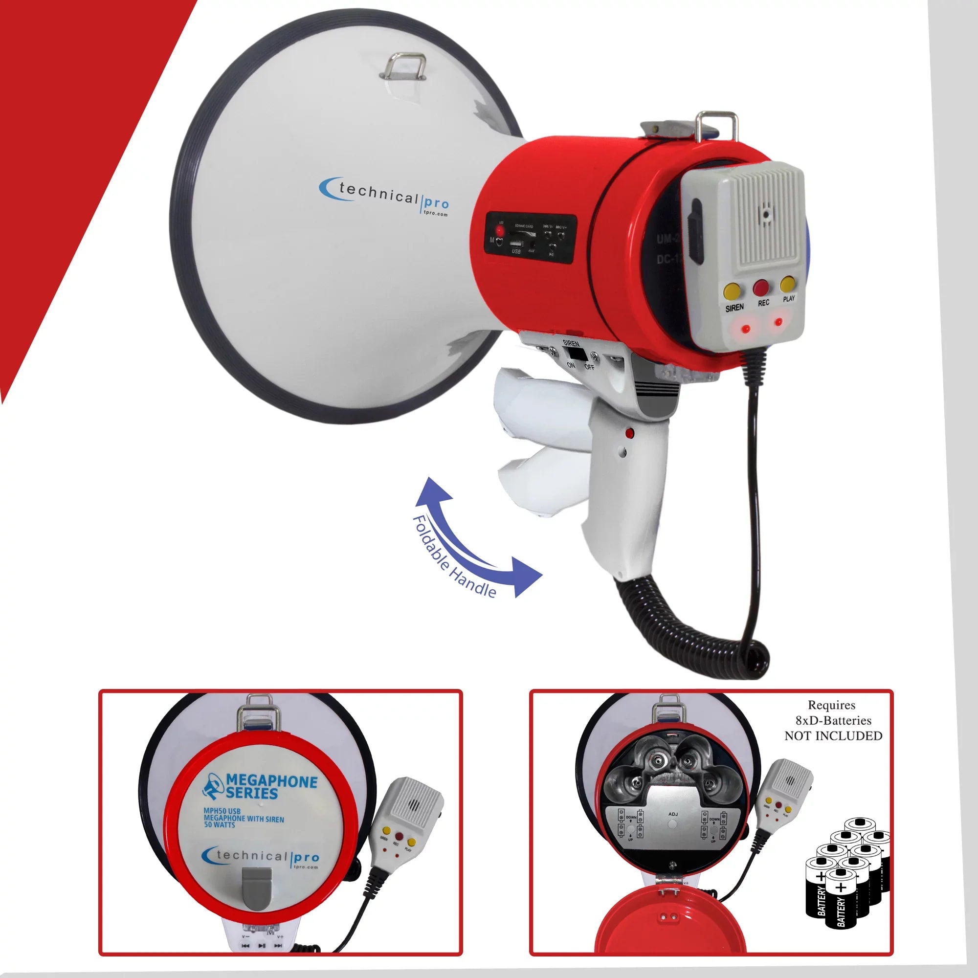 Police Lightweight Detachable Speaker Outdoor Detachable Technical Voice And Red Professional leading - Portable Bullhorn Cheer Megaphone for w/ 75-Watt Microphone, Pro PA Strap Siren,