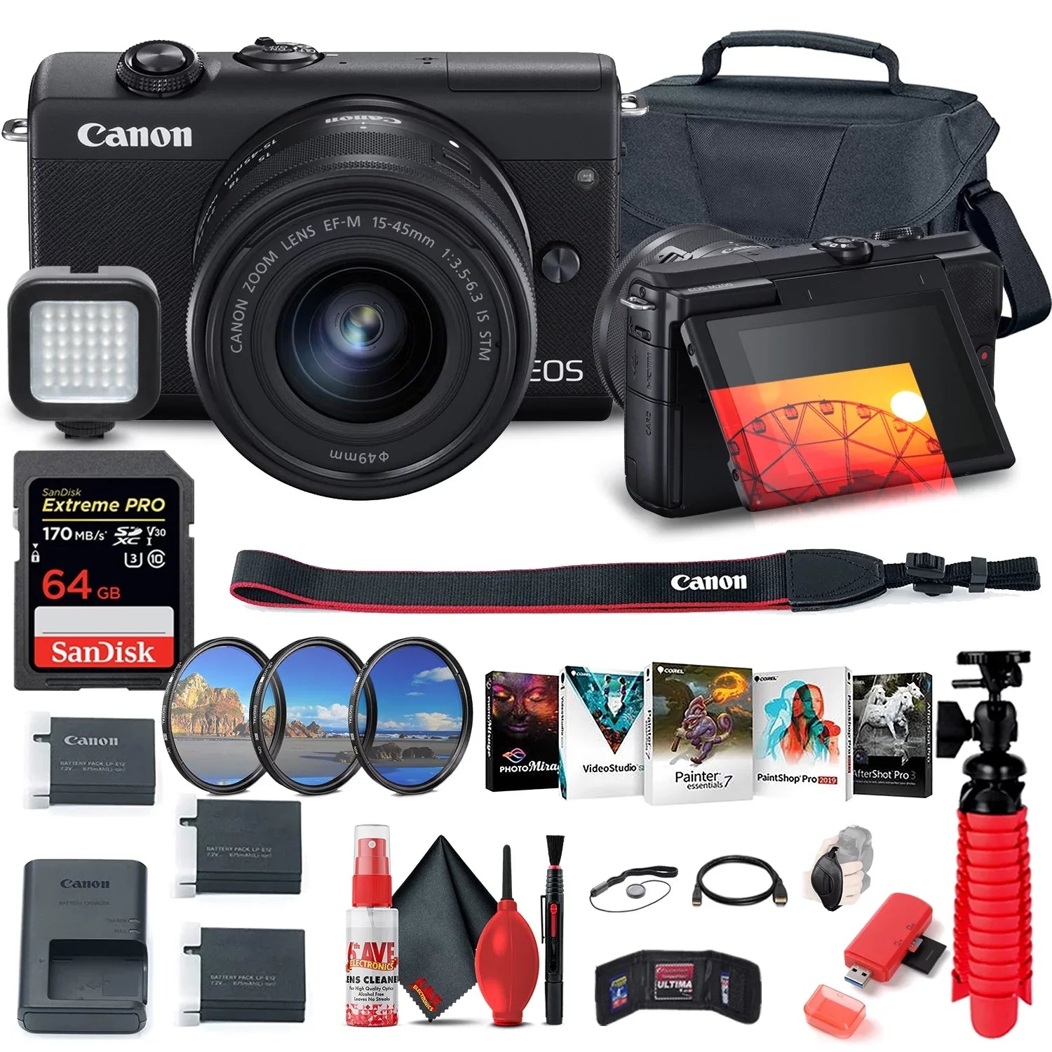 (3699C009), x Card, Camera External Corel Battery, Lens 64GB (Black) Filter 2 More with M200 Digital + Mirrorless Photo 15-45mm Charger Canon LPE12 Case, Kit, Software, EOS