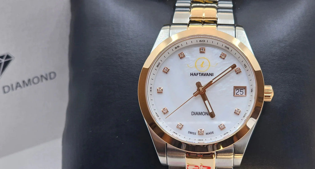 Face Gold -100M - Lady Swiss Waterproof Marble Stainless Haftavani With Steel Watch – Bicolour Diamond Quartz Made Silver-Rose Queen Diamonds - Genuine