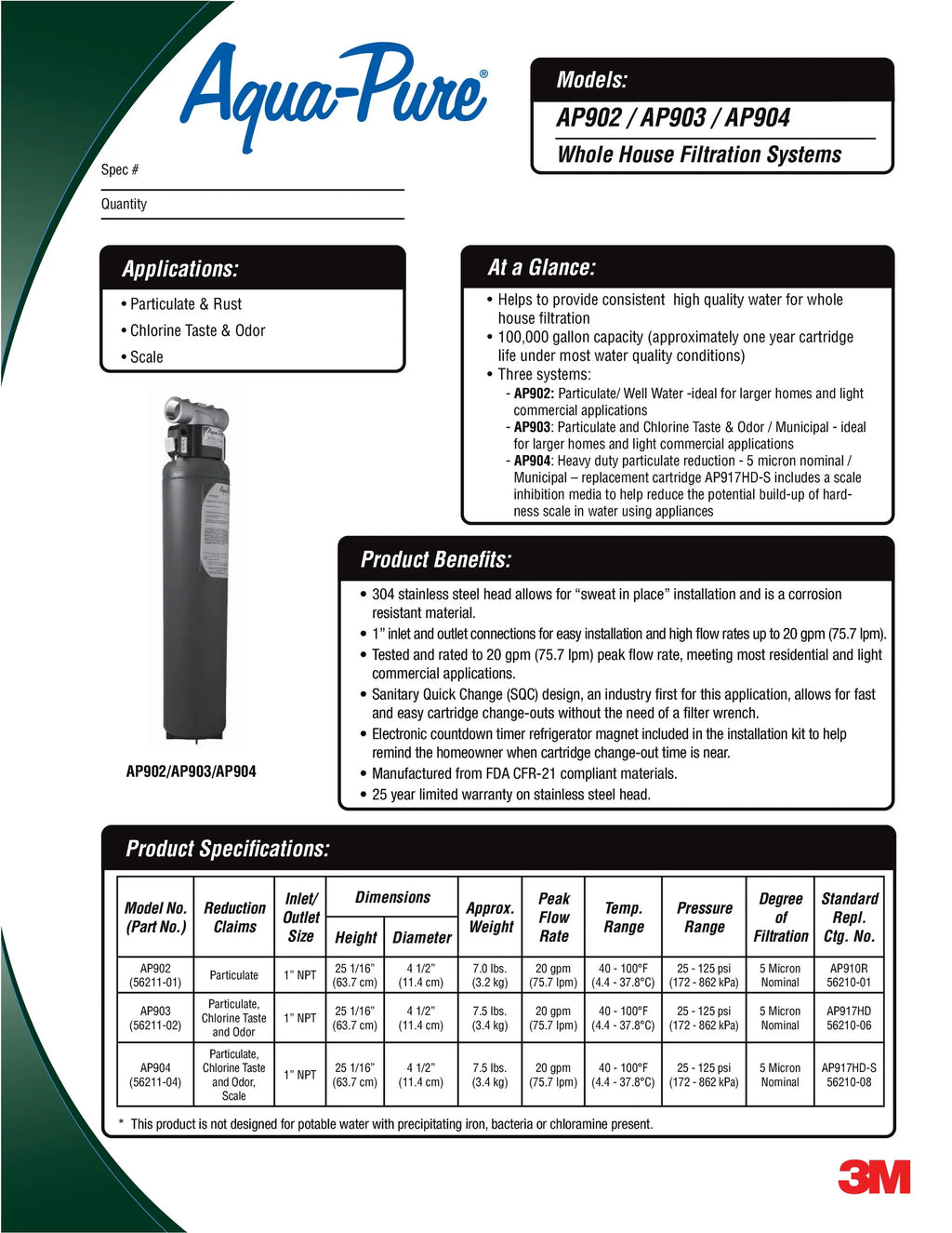House AP904 Sanitary Quick-Change, Cartridge, Water AP917HD-S Whole Aqua-Pure for 3M Filter Systems