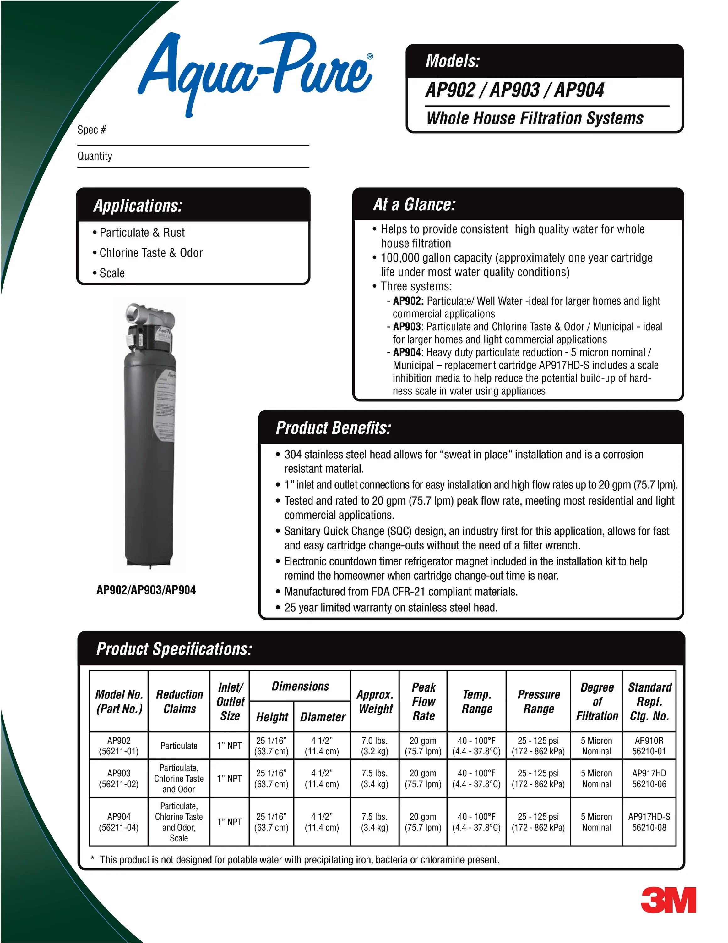 House AP904 Sanitary Quick-Change, Cartridge, Water AP917HD-S Whole Aqua-Pure for 3M Filter Systems