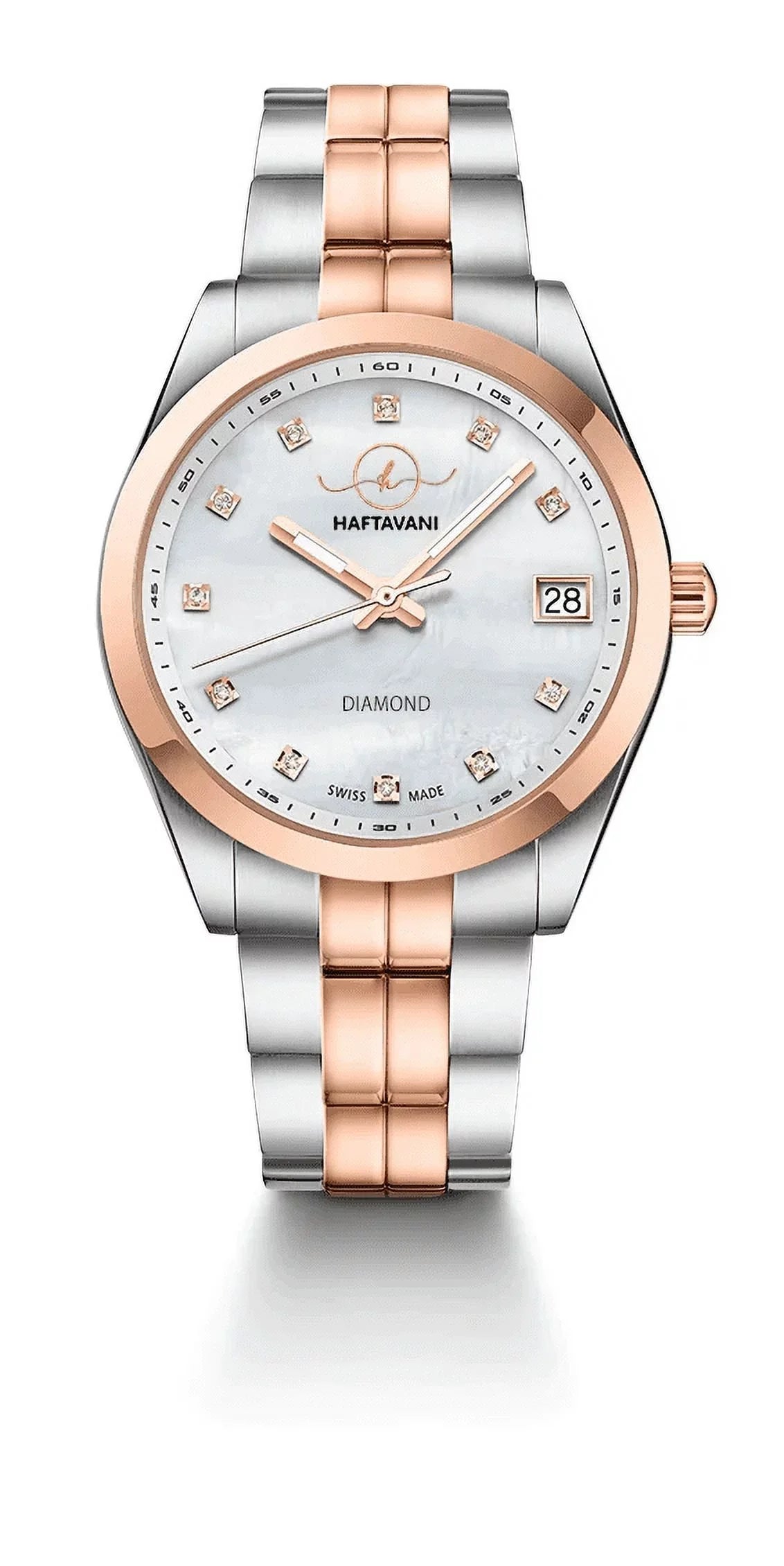 Face Gold -100M - Lady Swiss Waterproof Marble Stainless Haftavani With Steel Watch – Bicolour Diamond Quartz Made Silver-Rose Queen Diamonds - Genuine