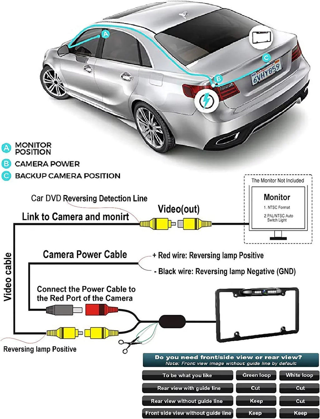 Backup Waterproof Rearview Camera Black DDX512 for License DDX-512 Plate Kenwood