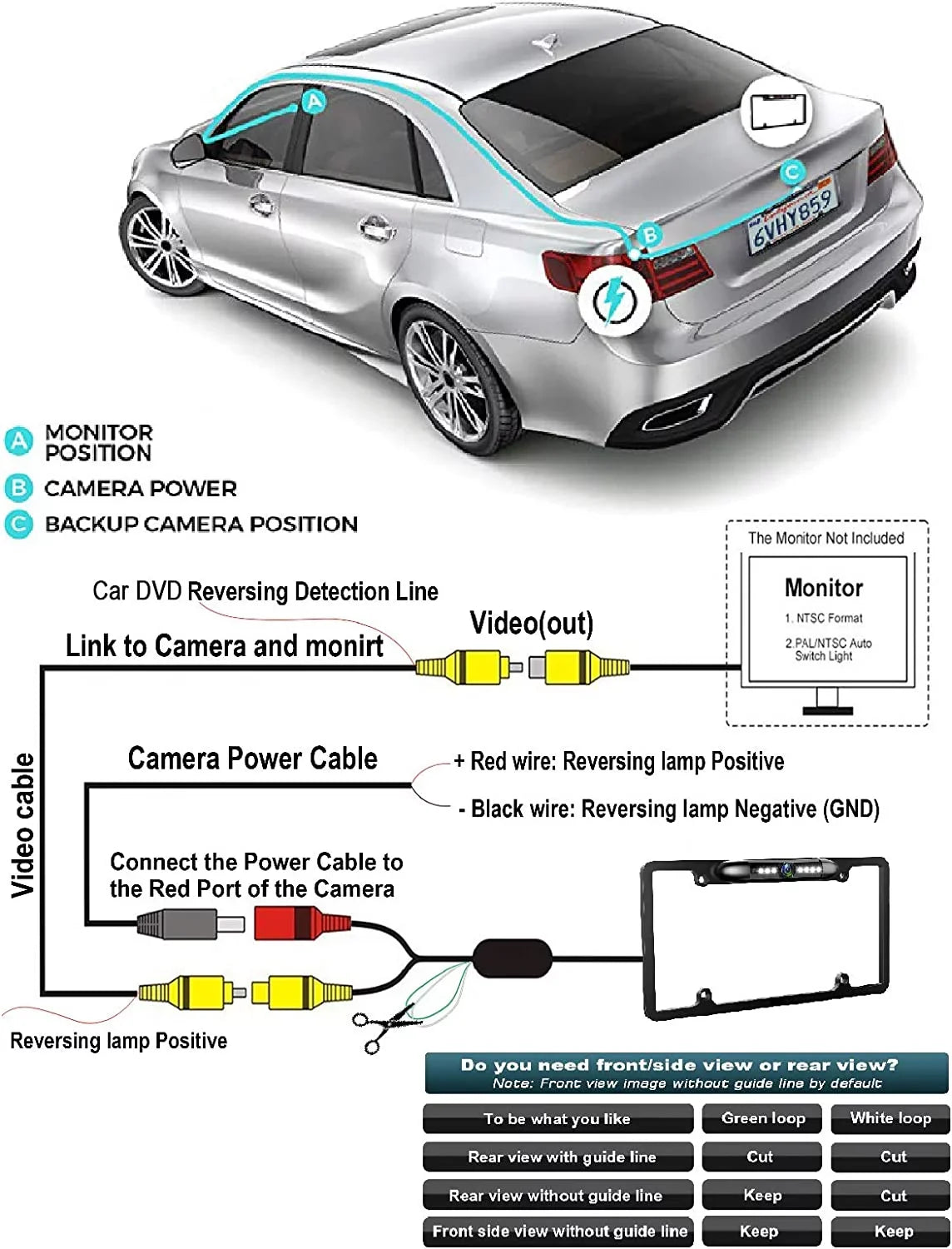 Backup Waterproof Rearview Camera Black DDX512 for License DDX-512 Plate Kenwood