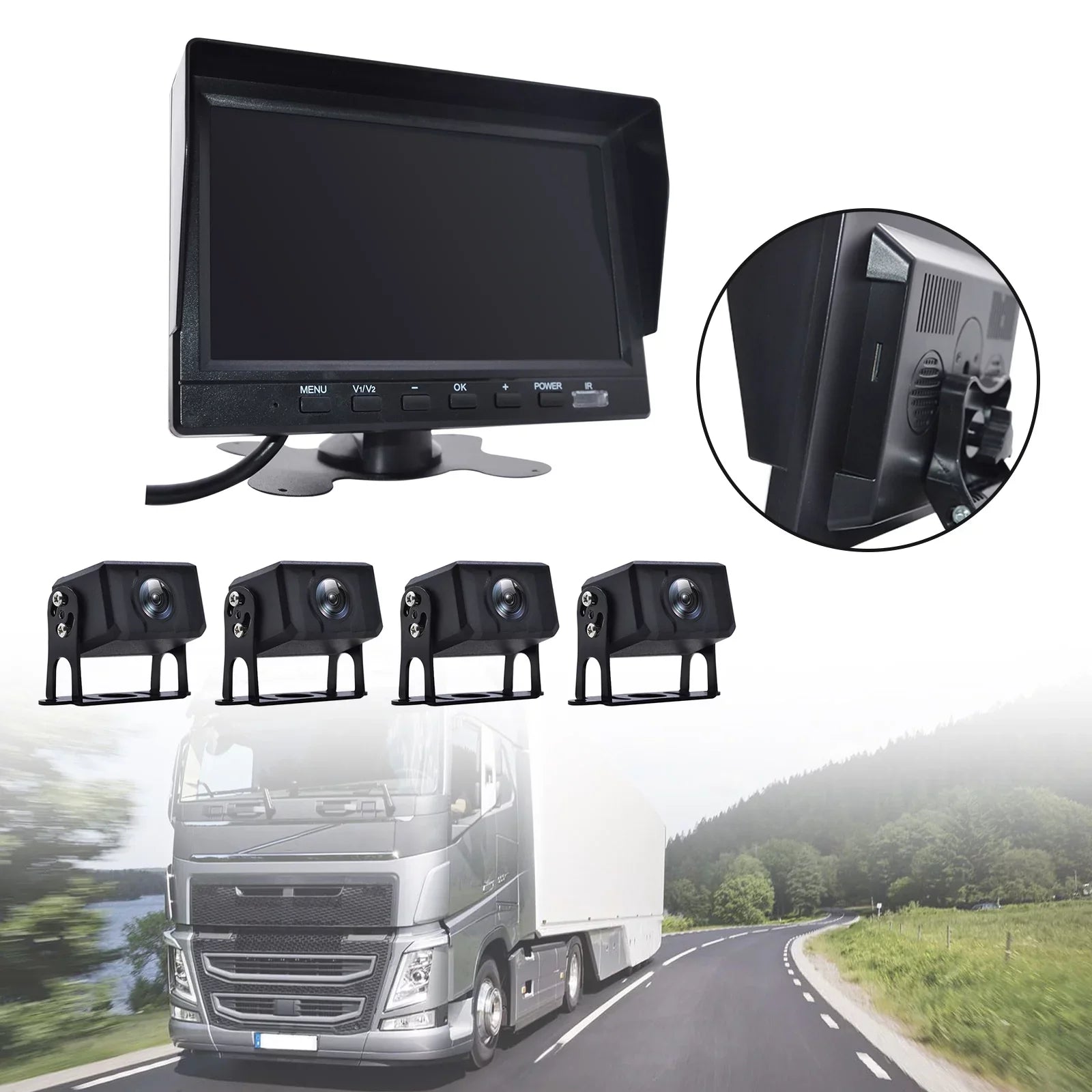 Video 7" Rear Recorder Monitor Truck RV DVR for B Backup Bus+4 Driving View Camera