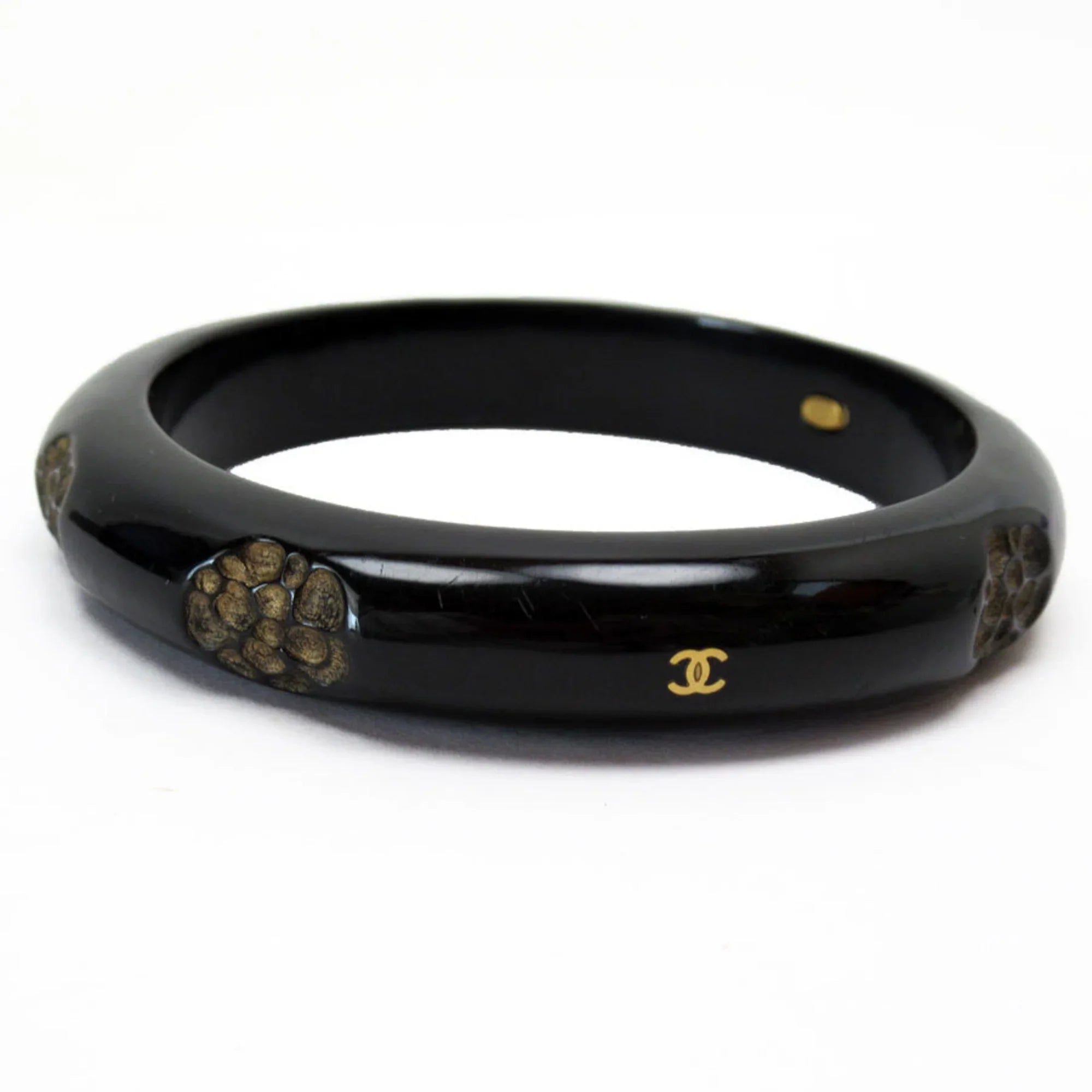 Women's Black/Beige Coco Wood Camellia Bracelet Pre-Owned Mark CHANEL Bangle (Good)