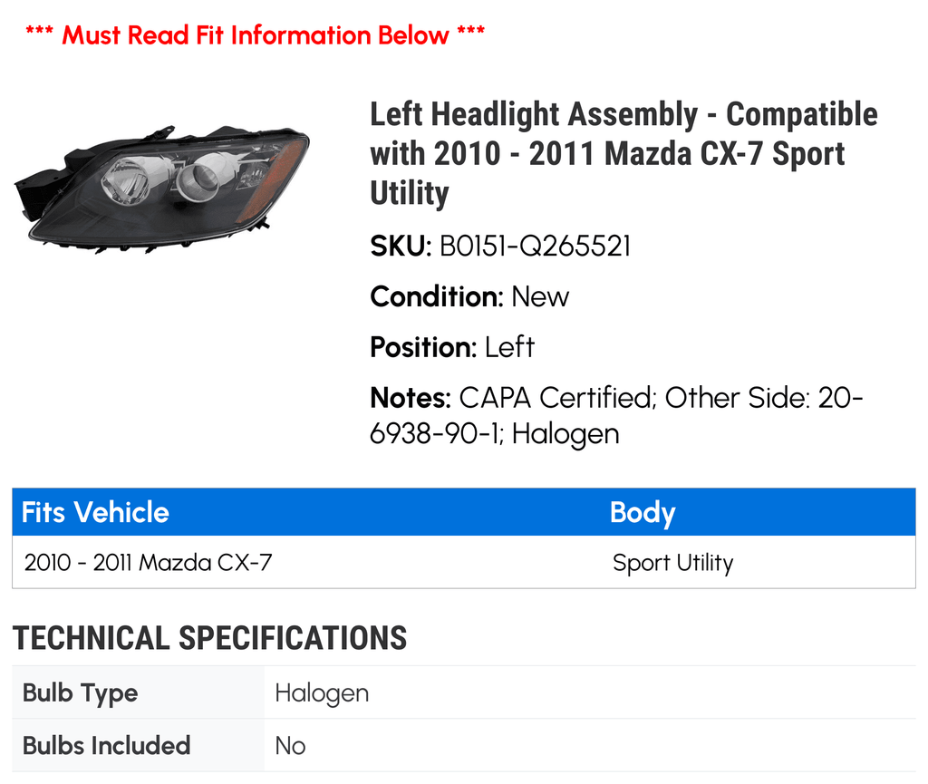 Headlight with Assembly - Utility Left CX-7 2011 Sport - Mazda Compatible 2010