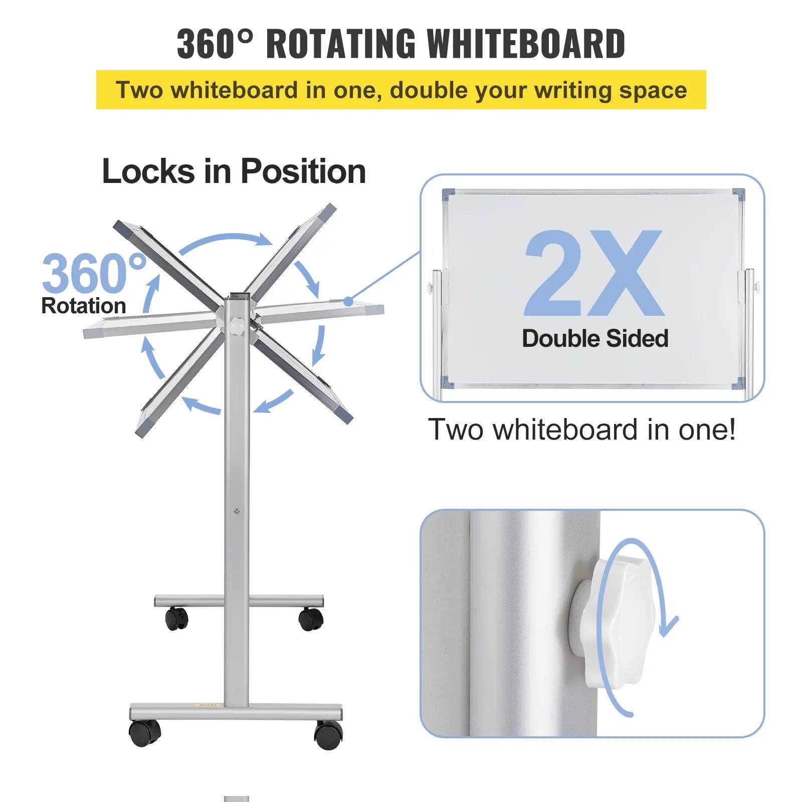 Home Rolling Double Mobile Board Frame Aluminum Sided Dry w/ Adjustable 360 Erase School BENTISM Stand 24" Reversible 36" Office Wheels Lockable Swivel x Whiteboard with Height for Magnetic and