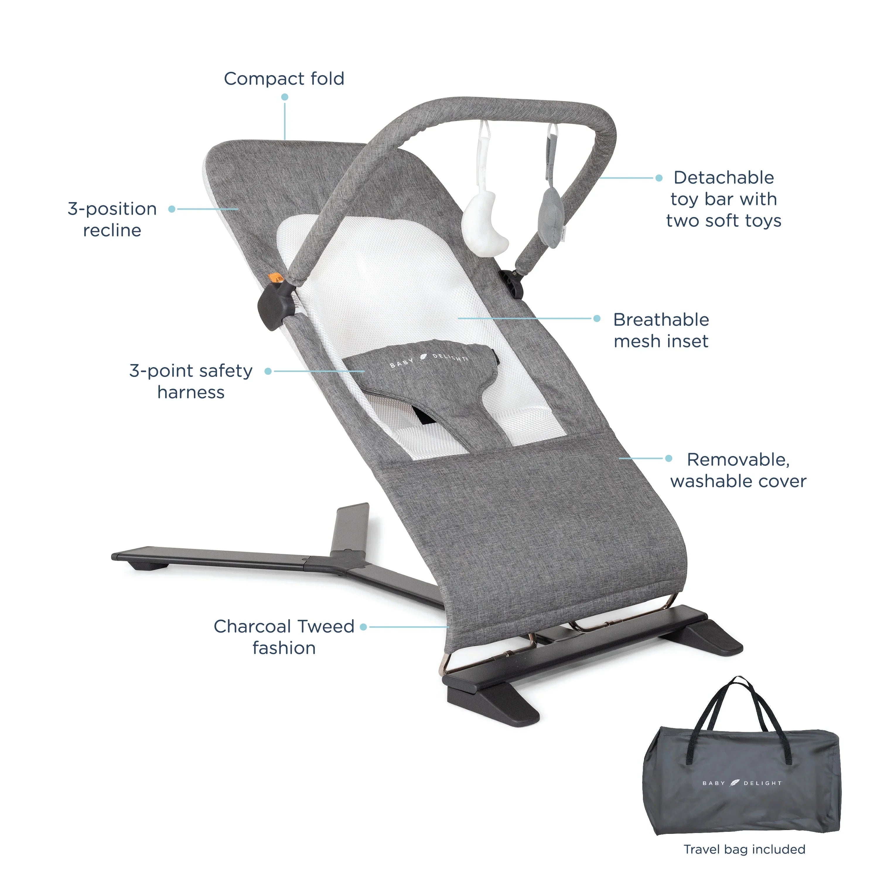 Charcoal Baby Months, Portable for 0-6 Delight Deluxe Baby Bouncer, Alpine Tweed Infants