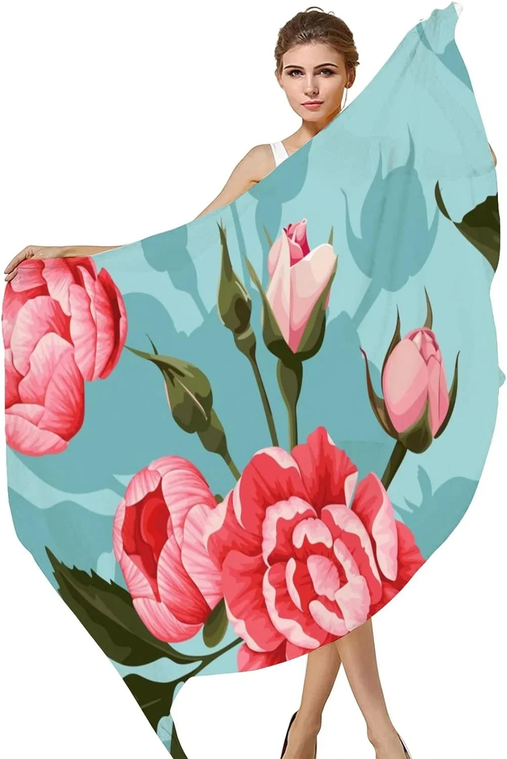 Wrap Neck Scarf Women Girls for Shawl Lightweight Scarves And Hyjoy Long Silk Roses Peony