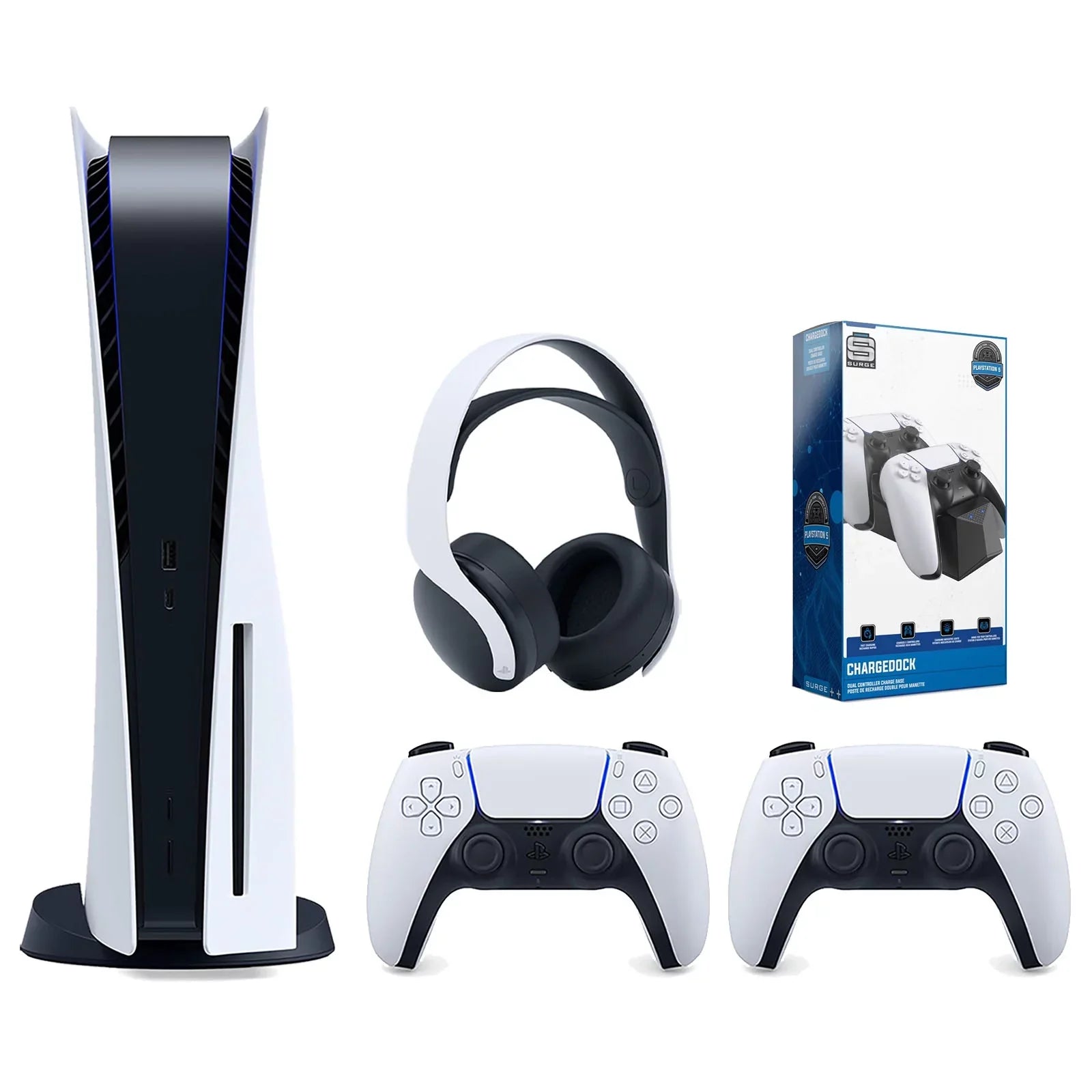 Playstation PULSE Controller White Sony Disc Surge Extra Dual 3D Console Controller, White Bundle Dock and Headset Charge Version with 5