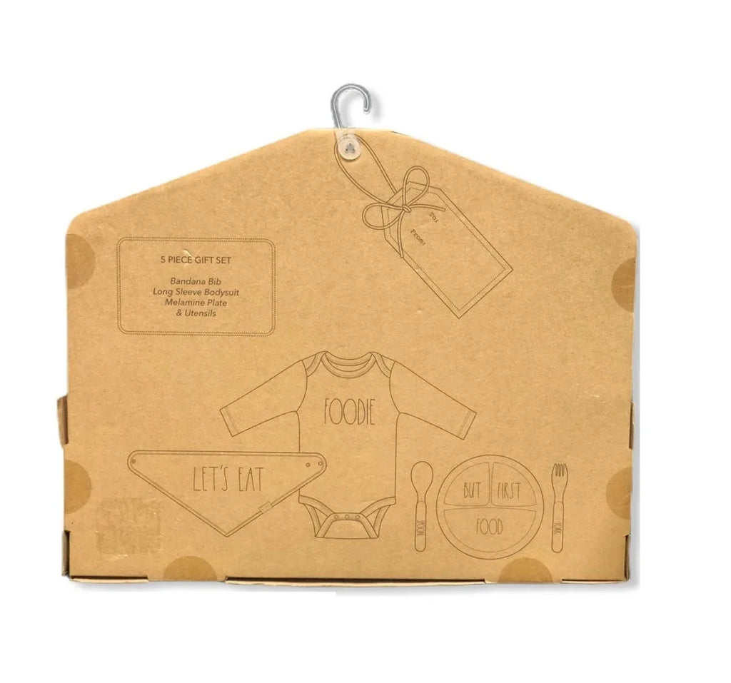 5 Rae Foodie Bodysuit Months) Bib (0-3 Utensils Set: Piece Baby Gift Dunn Plate