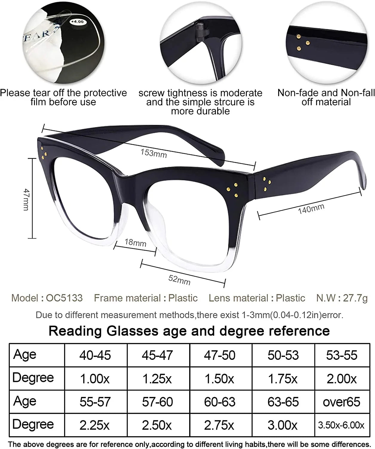 Magnification CHIARI 150 Filter 250 Glasses Women OCCI 0 400 6.0) 300 600 Reader 500 Computer 200 Light Reading 350 100 (Black-Clear, for Blue
