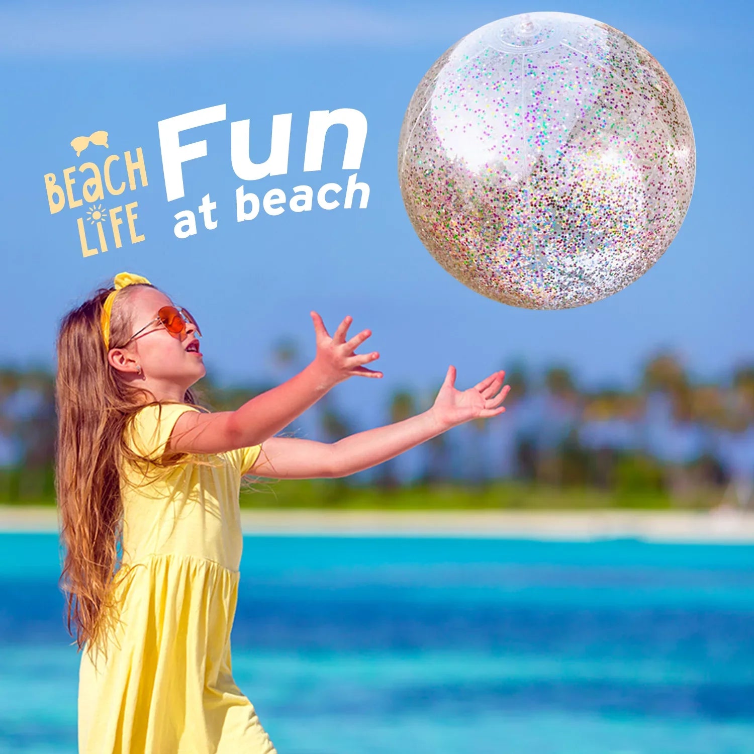 Beach Sand 24 Party 6 Premium Junipel Beach Beach Beach Theme | Confetti Ball Decoration, with & Glitter of Water Toy Supplies Inch Pool Summer Balls Inflatable Party for 16 -Set