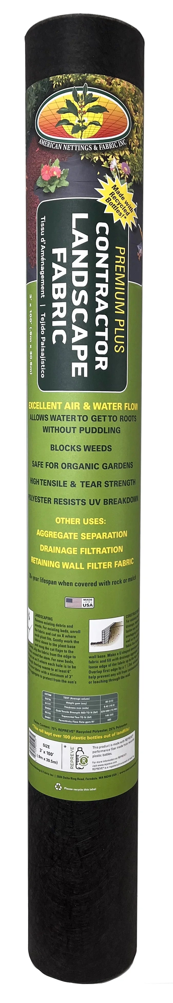 Plus Nettings American (Lifetime) REPREVE Contractor Landscape Recycled Fabric 3' x 100' Premium