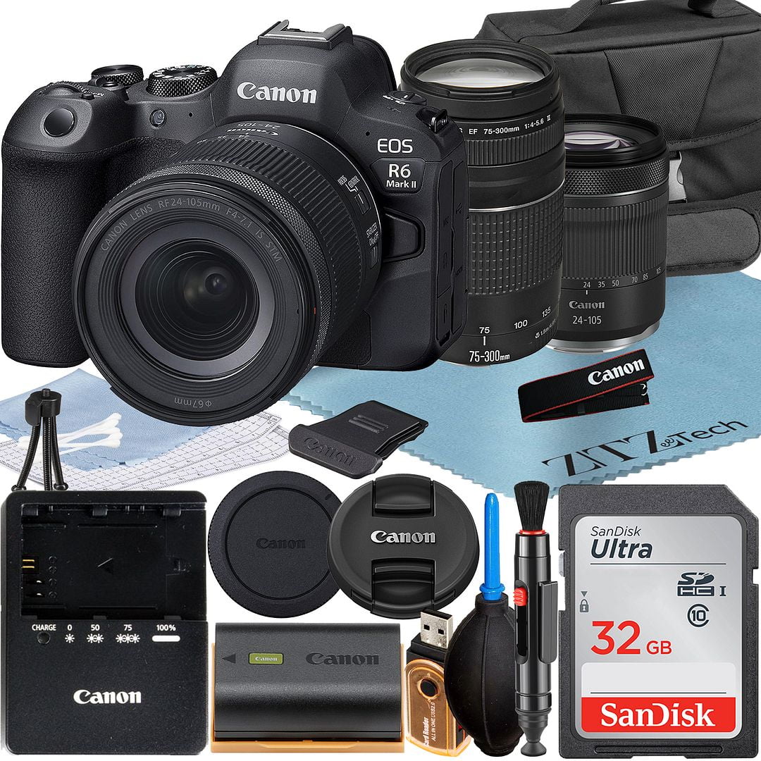 Bundle Case LED + + Mark EOS + Lens Canon Accessory ZeeTech Mirrorless R6 + 32GB with Card Flash 24-105mm II 75-300mm SanDisk RF Memory EF Camera +