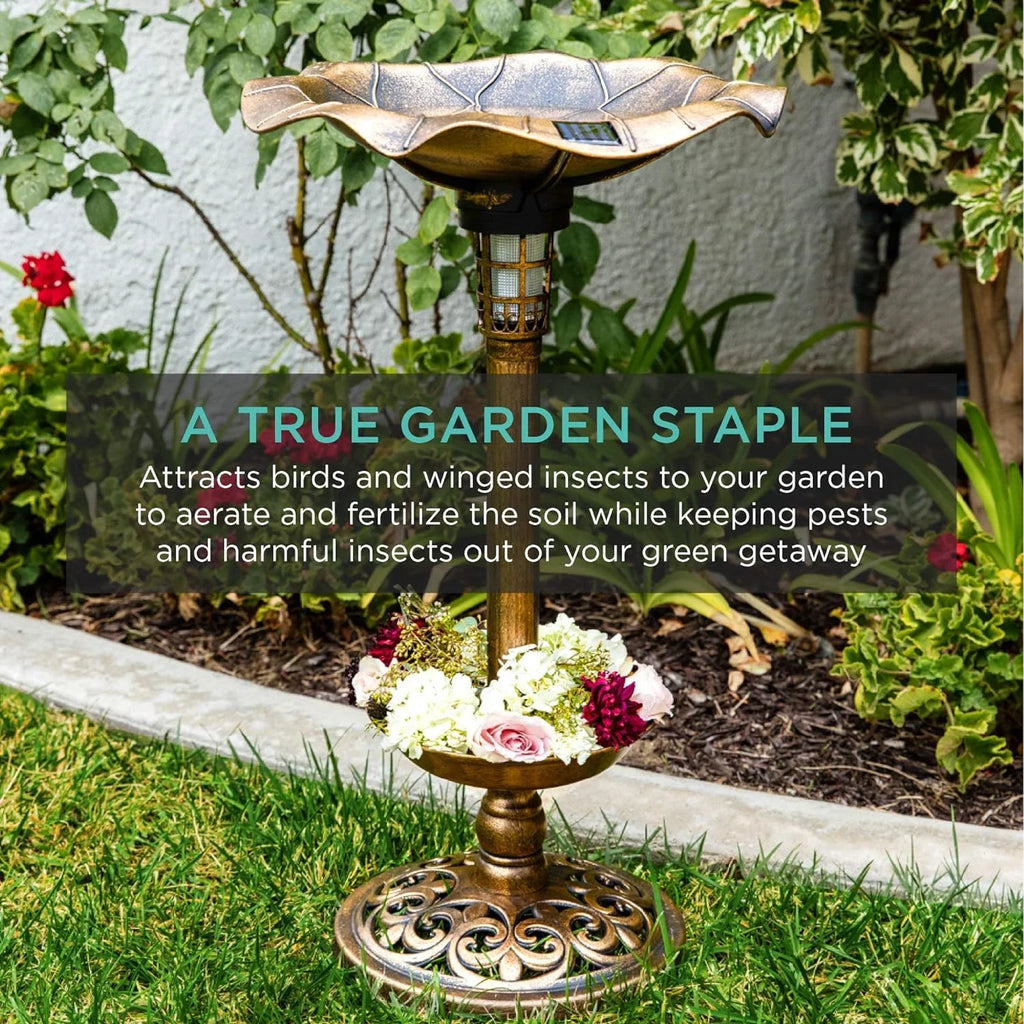 Fountain Outdoor Solar Accents Bath - W/Planter, Lighted For Pedestal Integrated Bronze Garden Lawn, Decoration Scroll Panel,