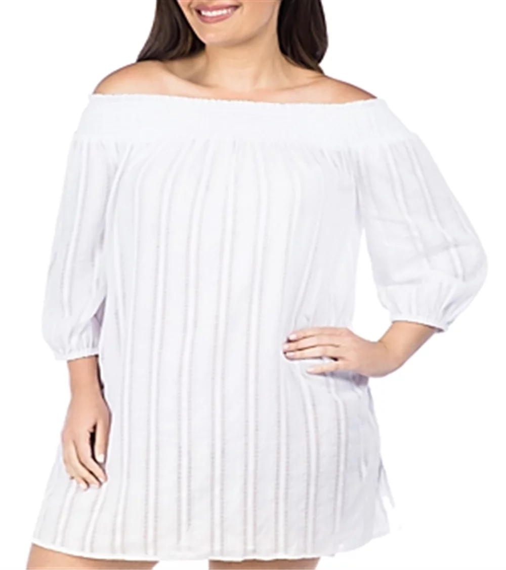 Swim 1X Plus Women's up White Tunic Size Cover Ralph Smocked Lauren