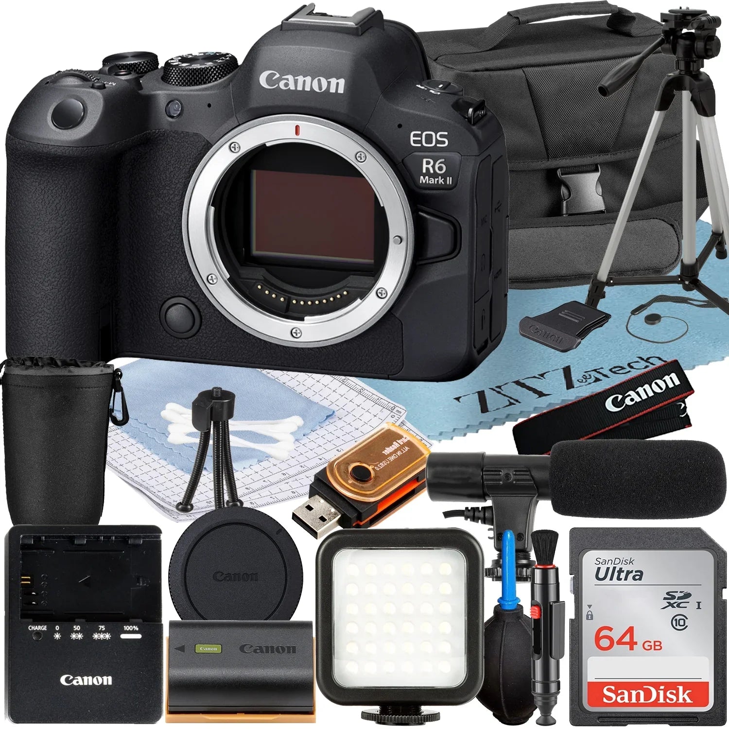 Mark Card + Case 64GB II Bundle + EOS R6 Canon with ZeeTech + Mirrorless Flash LED (Body) Camera Memory SanDisk Accessory