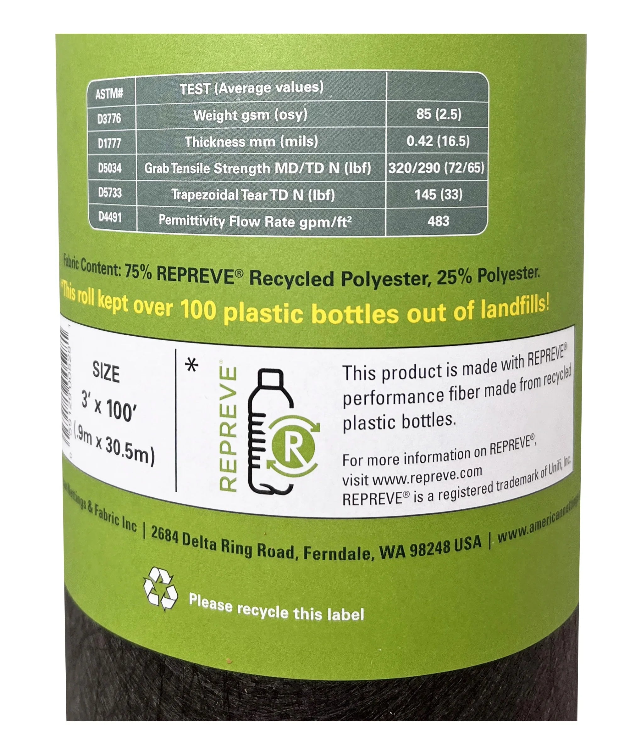 Plus Nettings American (Lifetime) REPREVE Contractor Landscape Recycled Fabric 3' x 100' Premium