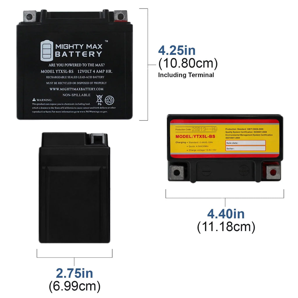 '- 2000 Battery YTX5L-BS 1Amp 12V Kymco 9 50 + Replaces Super Charger