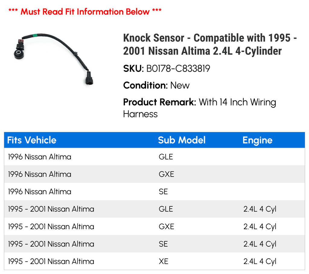 4-Cylinder - Sensor 1995 2001 Knock Altima 2000 - Compatible 1997 1996 1999 with Nissan 2.4L 1998