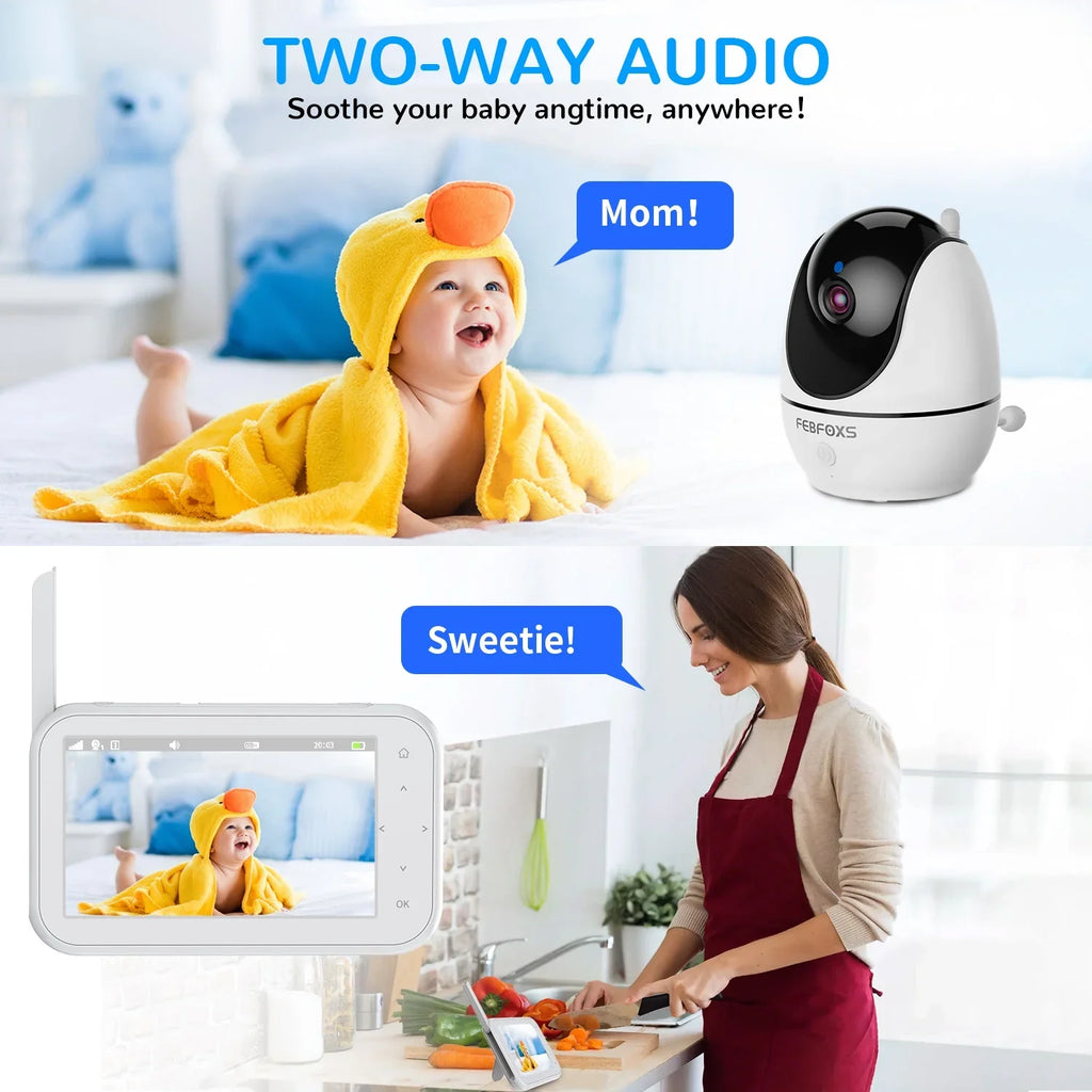 Camera Auto Night & Vision,Tem-Sensor, Monitor Talk, Pan&Tilt&Zoom, with Baby Wifi Febfoxs No 1080P Two-Way 4.3" LCD Audio, Screen