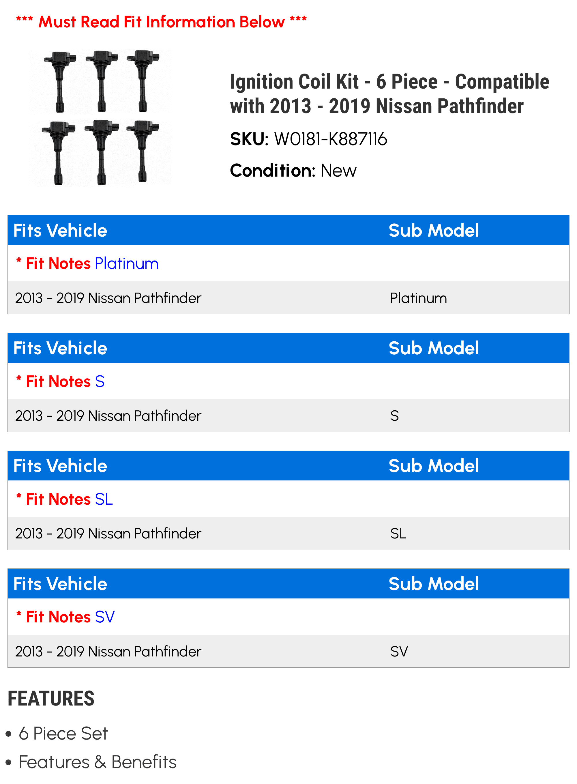 '- 2019 Coil 2015 Ignition Piece 2016 2018 2014 - Kit 2013 with 2017 Nissan - 6 Compatible Pathfinder