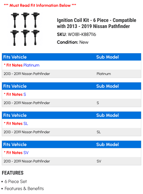 '- 2019 Coil 2015 Ignition Piece 2016 2018 2014 - Kit 2013 with 2017 Nissan - 6 Compatible Pathfinder