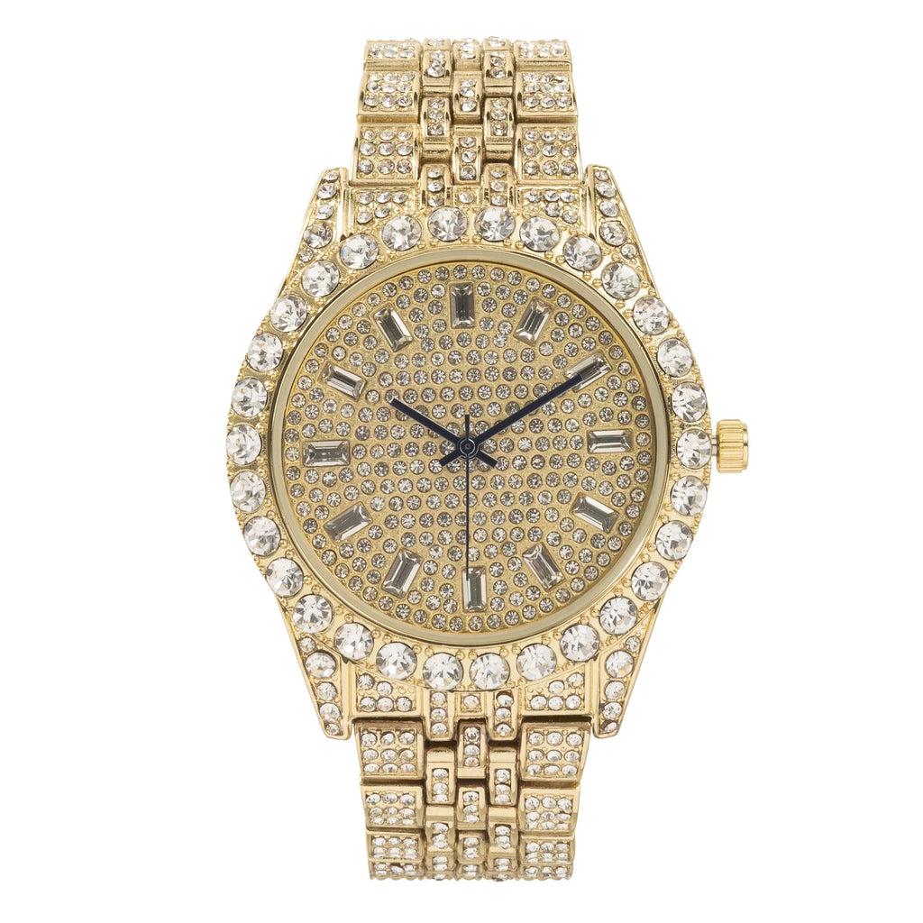 (Gold Hip Out Blinged Look BGS Timepiece and Gold) Indicators - Hop - Metal - Charles Trim Mens on Baguette Rhinestones ST10226 on Elegant Single Big Master Designer Time Dial Raymond
