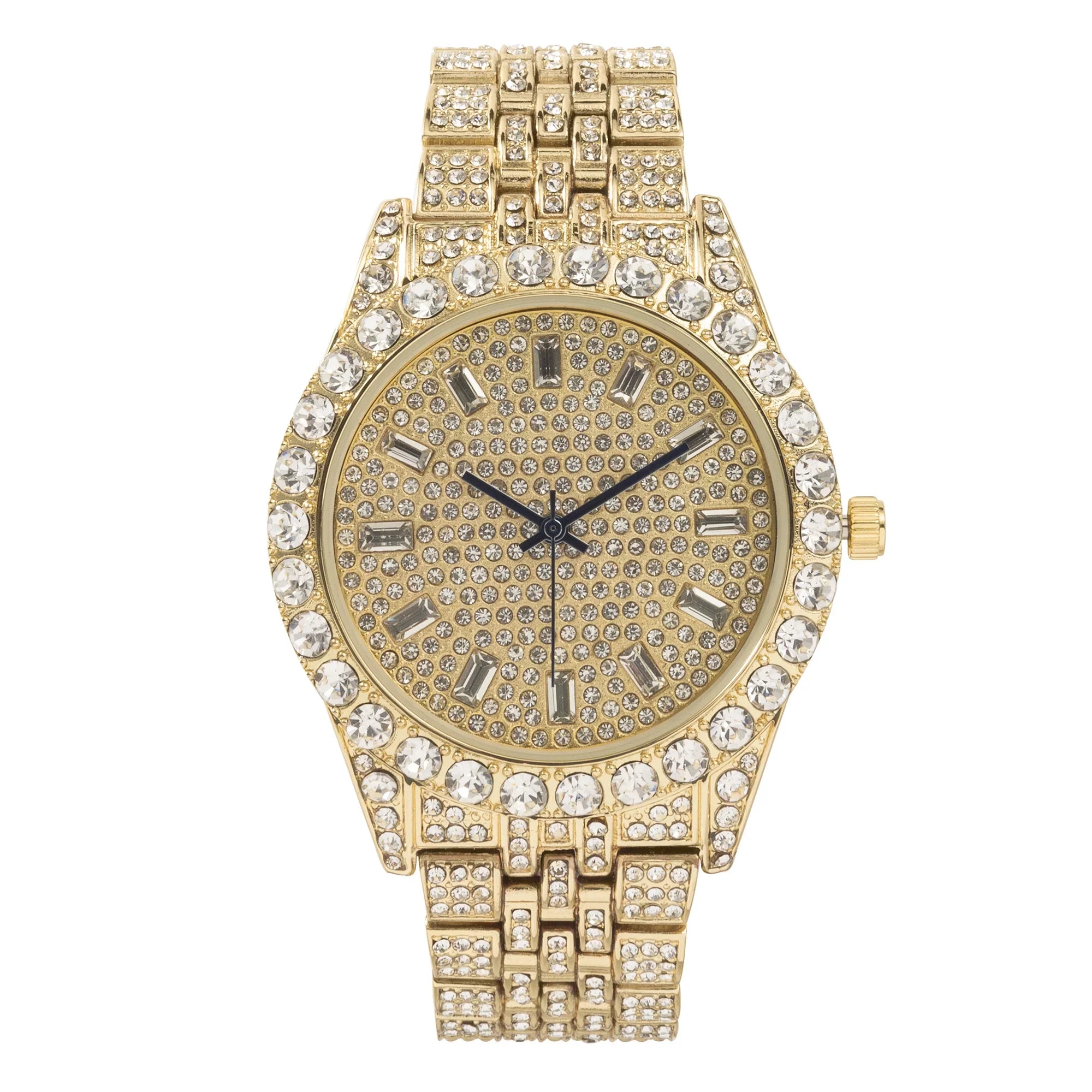(Gold Hip Out Blinged Look BGS Timepiece and Gold) Indicators - Hop - Metal - Charles Trim Mens on Baguette Rhinestones ST10226 on Elegant Single Big Master Designer Time Dial Raymond