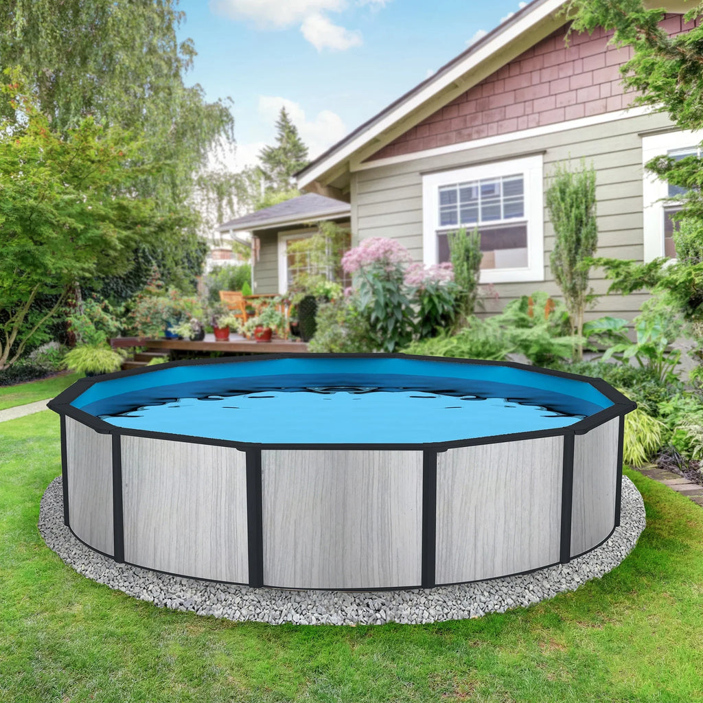 52-in Deep Pool Hybrid 18-ft Top Wave Package with Blue Rail Round 8-in Savannah