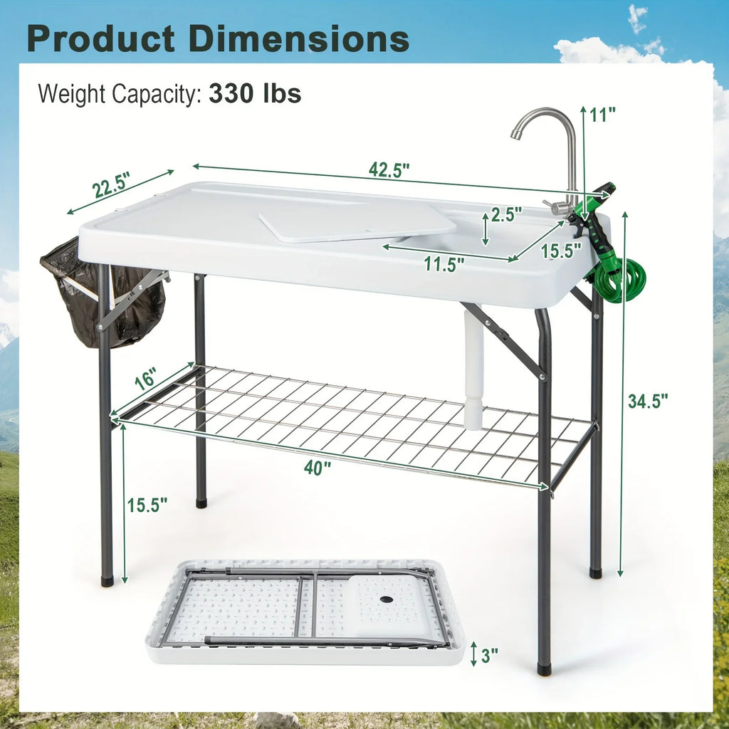 Table, W/ Folding Camping Cleaning Table Portable Rack Hose Fish Grid Faucet