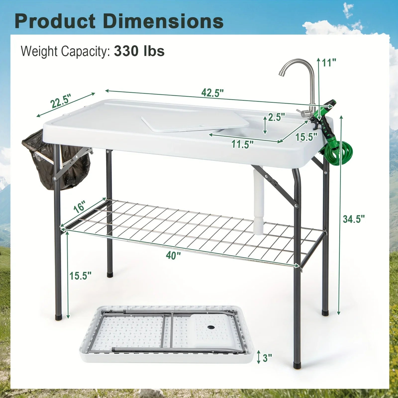 Table, W/ Folding Camping Cleaning Table Portable Rack Hose Fish Grid Faucet